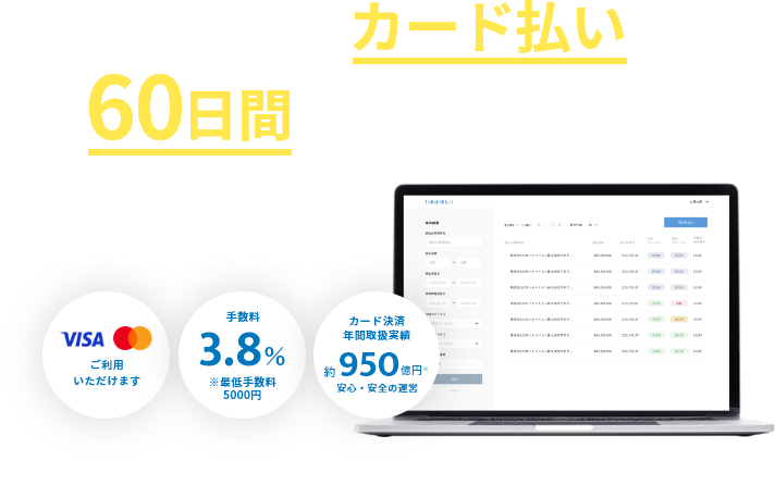 その請求書、カード払いで最大60日日間支払いを延長できます ・お手持ちのカードで資金繰りを改善・ファクタリングより安くて簡単・審査や書類手続きは一切不要で即利用可 ※カード決済年間取扱実績約2,150億円の決済システムを運営する株式会社ROBOT PAYMENT(東証グロース：4374)が提供するサービスです。