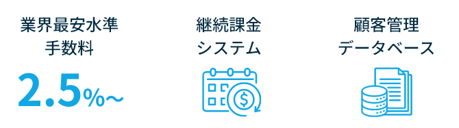 業界最安水準手数料2.5% 継続課金システム 顧客管理データベース
