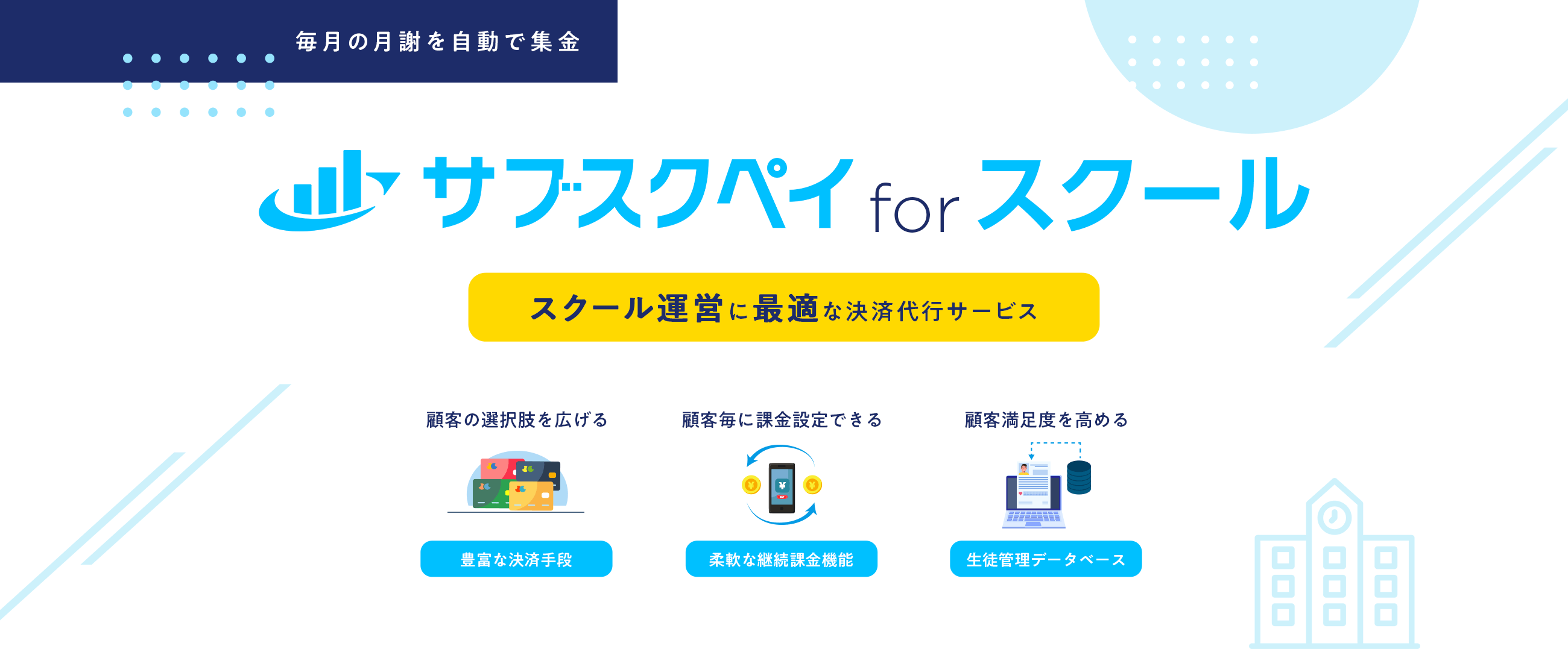 毎月の月謝を自動で集金 サブスクペイforスクール スクール運営に最適な決済代行サービス 顧客の選択肢を広げる 豊富な決済手段 顧客毎に課金設定できる 柔軟な継続課金機能 顧客満足度を高める 生徒管理データベース